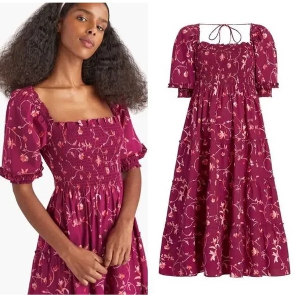 Hill House Dresses & Skirts - Hill House Home Midi Nesli Tiered Nap Dress in Burgundy Botanical Floral XS